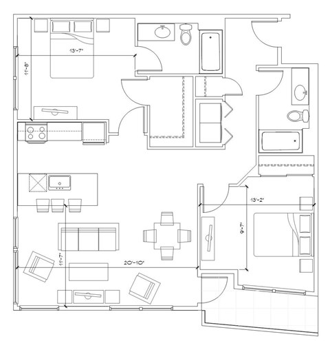 Floor plan for 2 beds, 2 baths, 996 sqft